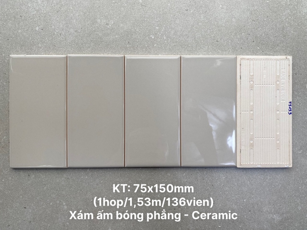 Gạch thẻ xám ấm bóng phẳng KT 75x150mm STA75153