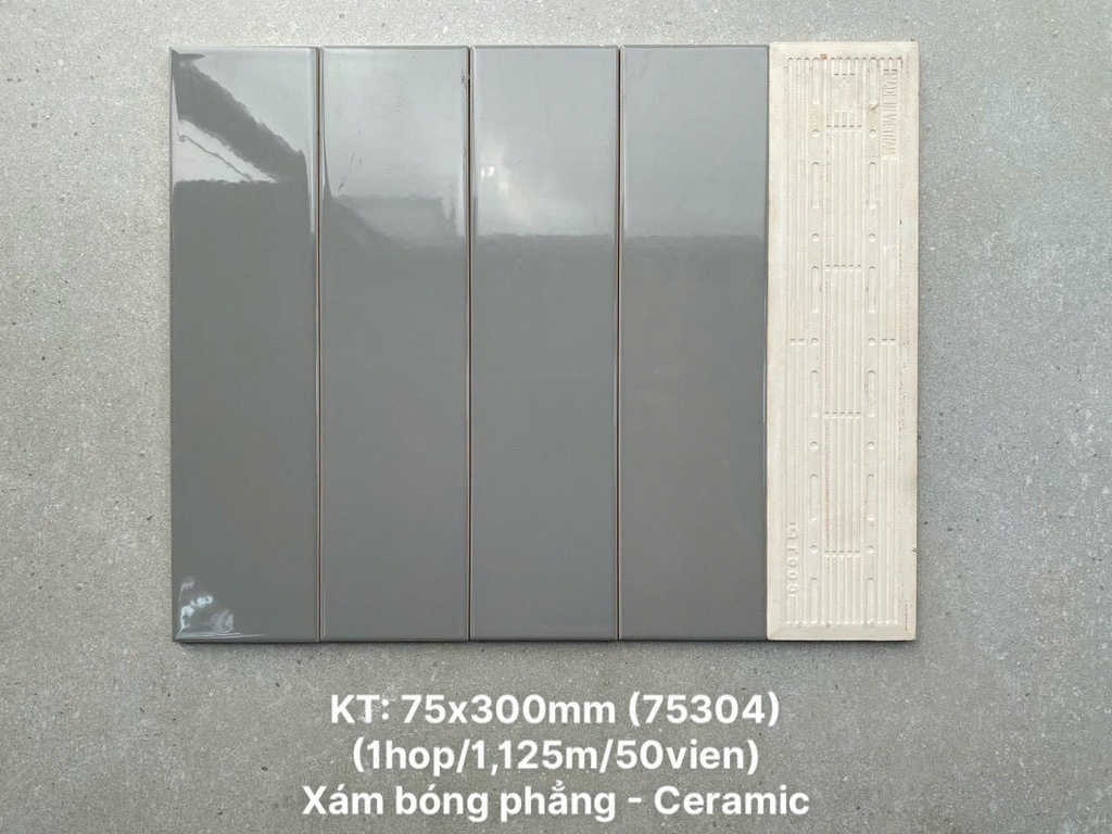 Gạch thẻ cao cấp xám bóng phẳng KT 75x300mm PSTA75304