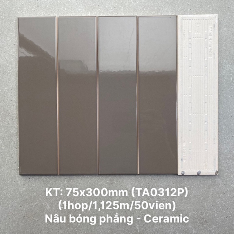 Gạch thẻ cao cấp nâu bóng phẳng KT 75x300mm TA0312P