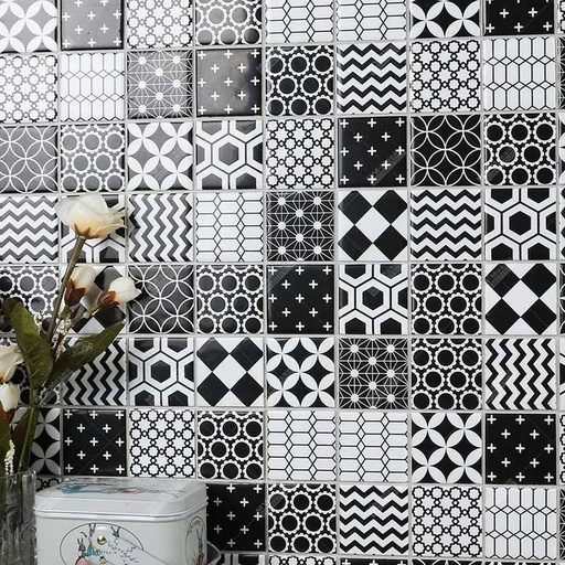 [106337202329] Gạch khảm men đen Moroccan in kỹ thuật số, kích thước 2x2 inch, chất liệu sứ, giá rẻ, dùng ốp tường nhà bếp và nhà tắm, xuất xứ Foshan.