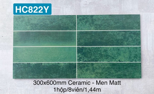 [HC822Y] Gạch giả thẻ Trung Quốc, Xanh loang mờ lượn mặt, KT 300x600 mm, HC822Y (1 hộp/ 8 viên/ 1.44m2)