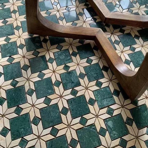 [106578982856] Gạch Mosaic đá cẩm thạch tự nhiên màu xanh đậm pha be dùng cho nhà bếp và phòng tắm